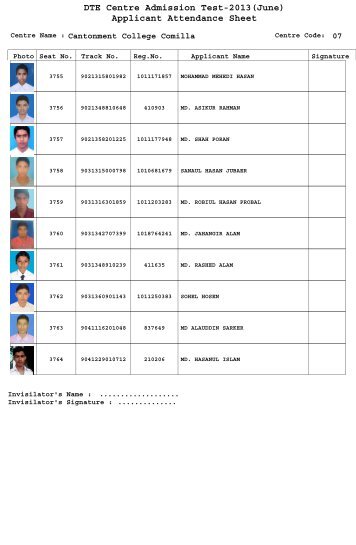 DTE Centre Admission Test-2013(June) Applicant Attendance Sheet