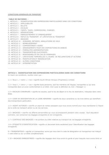 conditions generales de transport table de matieres : 1. article 1