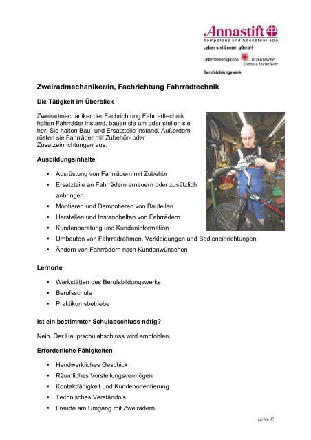 Zweiradmechaniker/in, Fachrichtung Fahrradtechnik - annastift ...