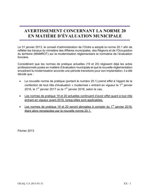 Norme 20 - janvier 2013 - Ordre des évaluateurs agréés du Québec