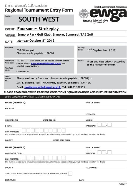 2012 south west foursomes entry form - England Golf