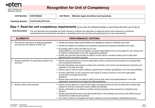 CHCCS502A - Maintain legal and ethical work practices - Oten