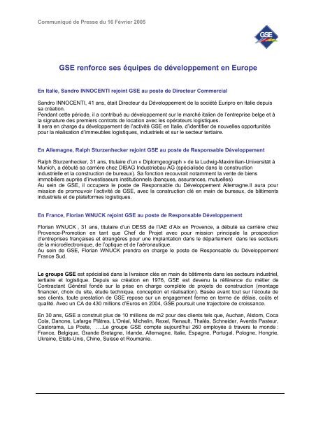 COMMUNIQUE DE PRESSE â 9 FÃ©vrier 2005 - Gse