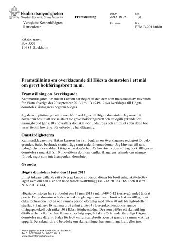 FramstÃ¤llning om Ã¶verklagande till HÃ¶gsta domstolen i ett mÃ¥l om ...