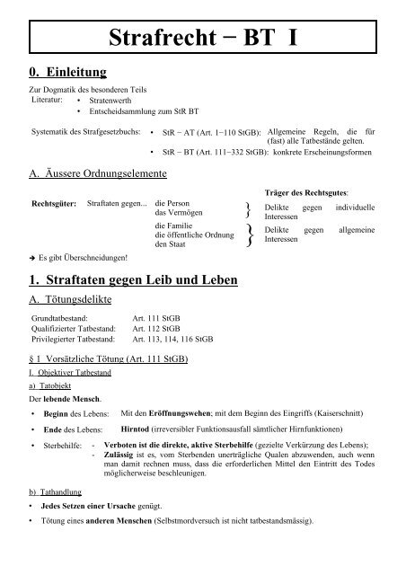 Strafrecht â BT I - Studentenverbindung Concordia Bern