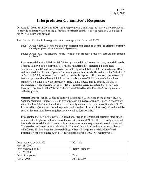 Interpretation Committee Decision 7-09 (PDF) - 3-A Sanitary ...