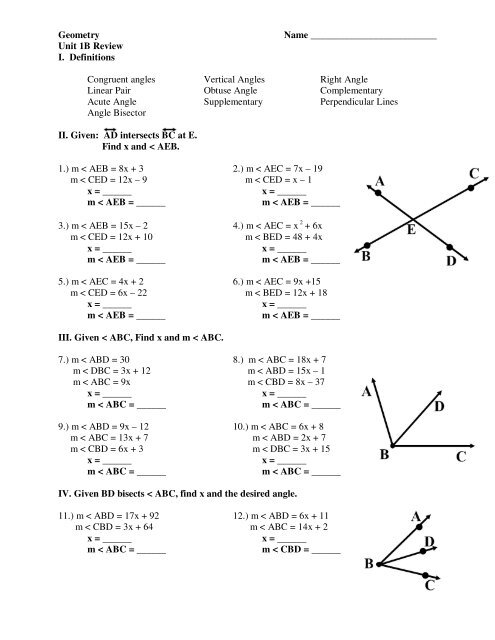 Geometry Name Unit 1B Review I. Definitions Congruent angles ...