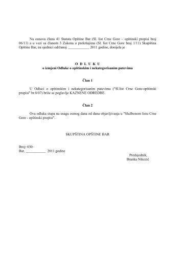 Odluka o opÅ¡tinskim i nekategorisanim putevima - Bar