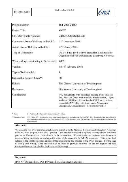 D2.2.4: Final IPv4 to IPv6 Transition Cookbook for ... - 6NET