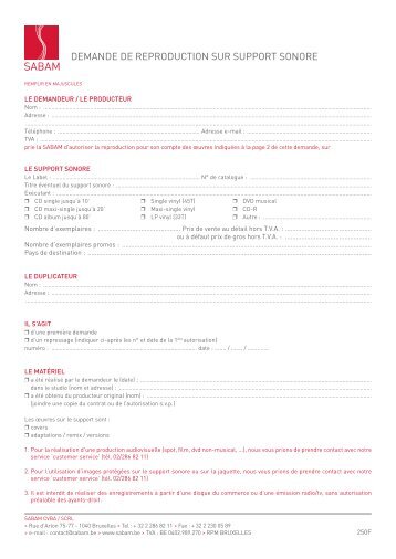 DEMANDE DE REPRODUCTION SUR SUPPORT SONORE - Sabam