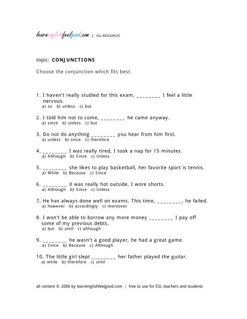 Conjunction Exercise 1 Learn English Feel Good Conjunction Exercise 1 Learn English Feel Good