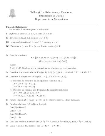 Taller # 1 - Relaciones y Funciones - Departamento de MatemÃ¡ticas