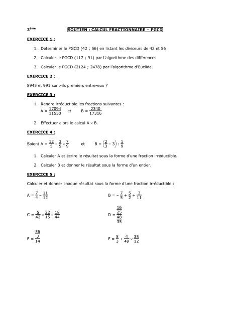 3Ã¨me soutien calcul fractionnaire - PGCD - CollÃ¨ge Anne de Bretagne