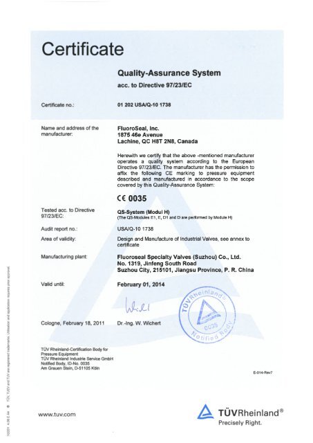 PED Certificate - A & L Valve Distribution