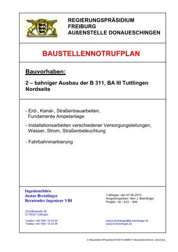 Baustellennotrufplan 2-bahniger Ausbau B 311 BA II Tuttlingen ...