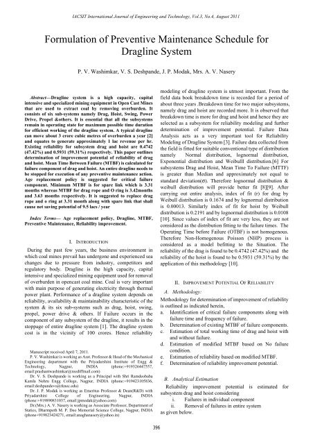 Formulation of Preventive Maintenance Schedule for Dragline ... - IJET