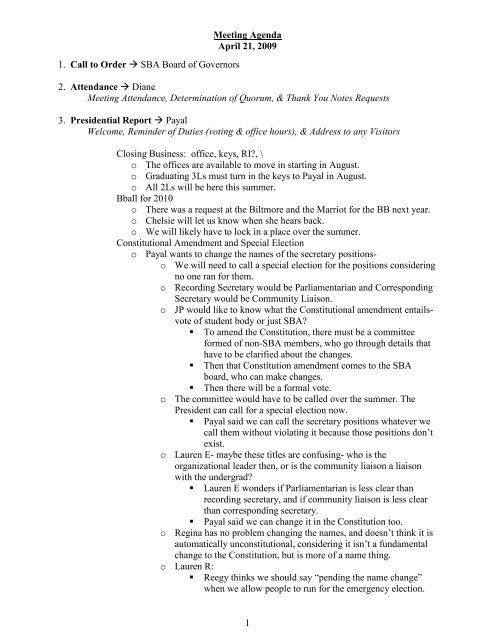 1 Meeting Agenda April 21, 2009 1. Call to Order → SBA Board of ...