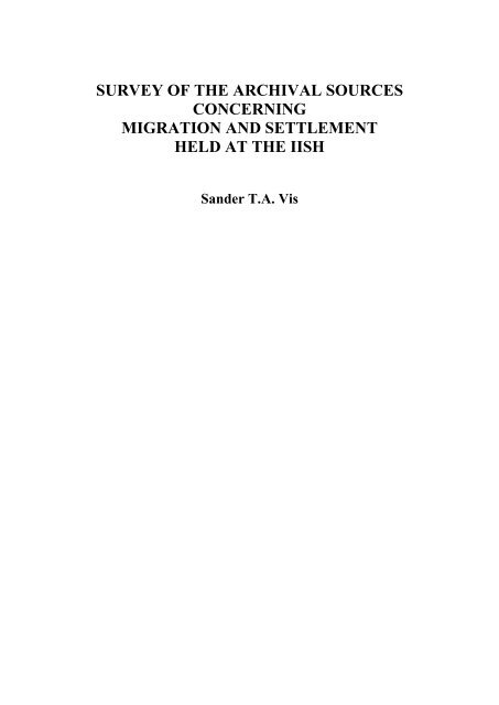 Survey of the Archival Sources concerning Migration and Settlement ...