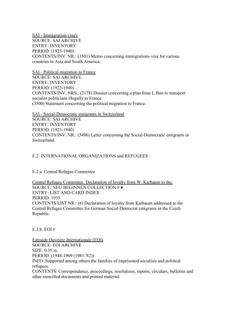 Survey of the Archival Sources concerning Migration and Settlement ...