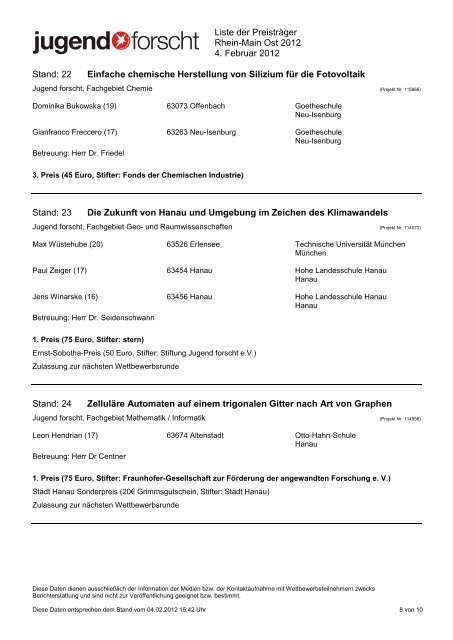 Siegerliste Jugendforscht Rhein Main Ost Heraeus 2012