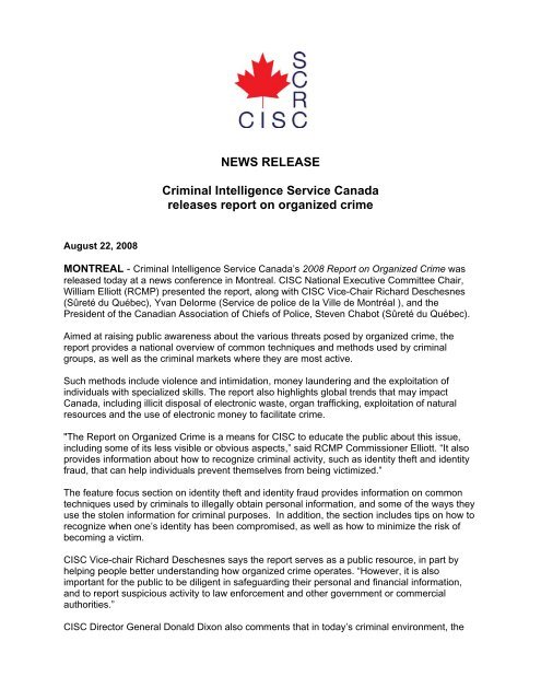 NEWS RELEASE Criminal Intelligence Service Canada releases ...