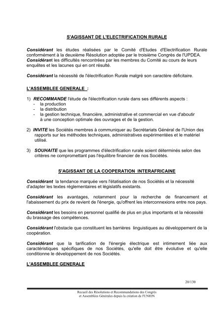 Recueil des RÃ©solut.. - association des societes d'electricite d'afrique