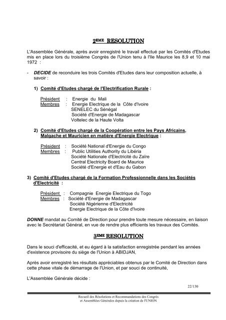 Recueil des RÃ©solut.. - association des societes d'electricite d'afrique