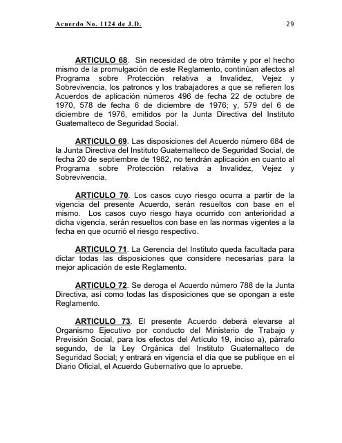 Acuerdo No. 1124, Reglamento sobre protecciÃ³n relativa a invalidez ...