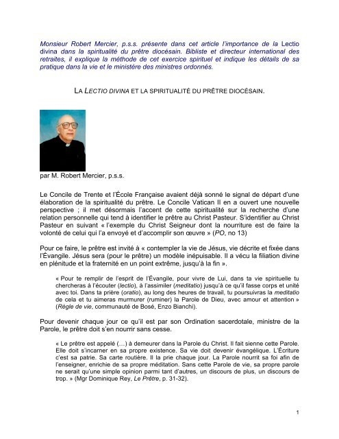 La Lectio divina et la spiritualitÃ© du prÃªtre diocÃ©sain