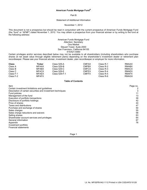 Statement of Additional Information - American Funds Mortgage Fund