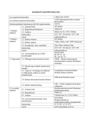 KESKKONNAKOMPLEKSLUBA Loa registreerimisnumber L.KKL ...