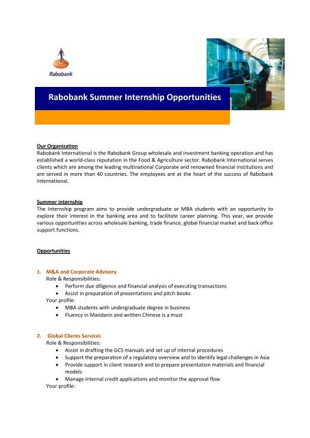 Rabobank Summer Internship Opportunities - Career Planning and ...