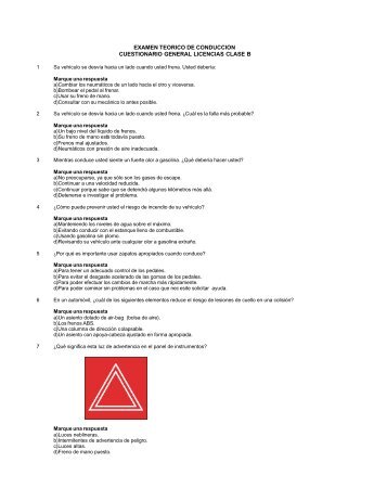 examen teorico de conduccion cuestionario general licencias clase b