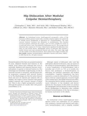 Hip Dislocation After Modular Unipolar Hemiarthroplasty