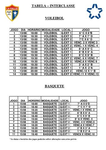 TABELA â INTERCLASSE VOLEIBOL BASQUETE - La Salle