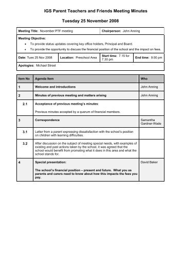 IGS Parent Teachers and Friends Meeting Minutes Tuesday 25 ...