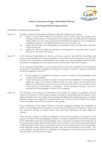 Glow Energy's Articles of Association relating to shareholders' meeting