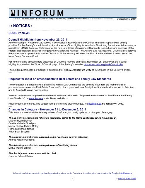 December 5, 2011 - Nova Scotia Barristers' Society