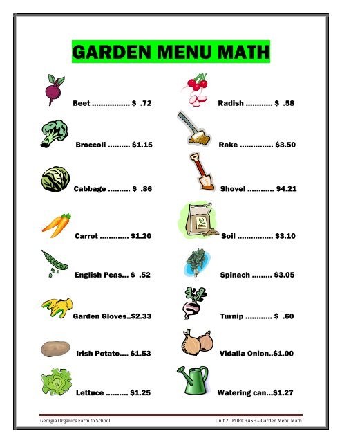 Activity â Garden Menu Math Worksheets - Georgia Organics