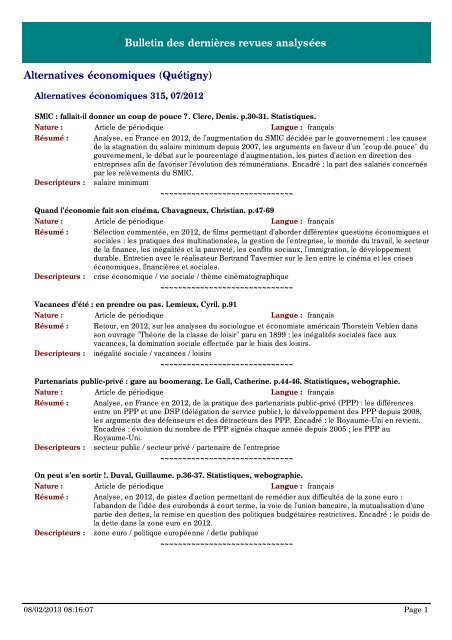 Bulletin des derniÃ¨res revues analysÃ©es Alternatives Ã©conomiques ...