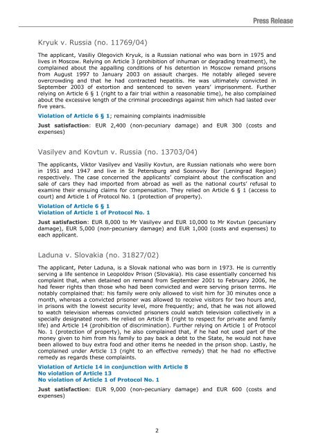 Judgments concerning Moldova, Montenegro, Russia, Serbia ...