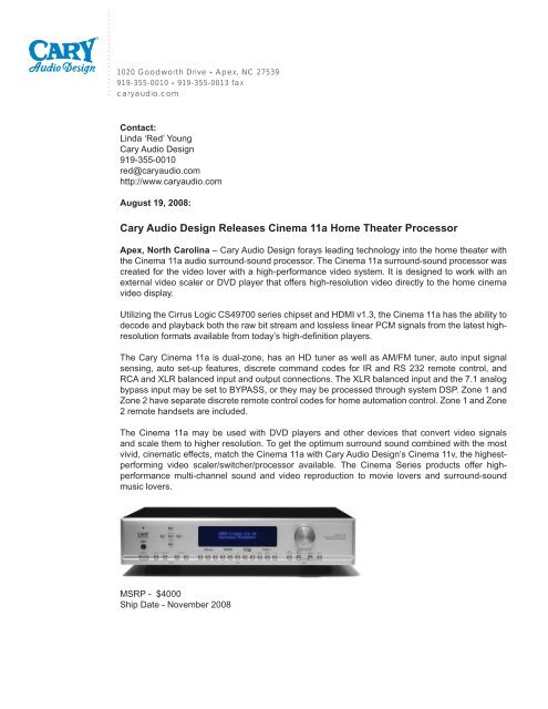 Cary Audio Design Releases Cinema 11a Home Theater Processor
