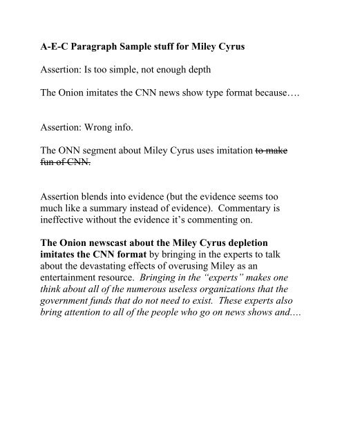 A-E-C Paragraph Sample stuff for Miley Cyrus Assertion: Is too ...