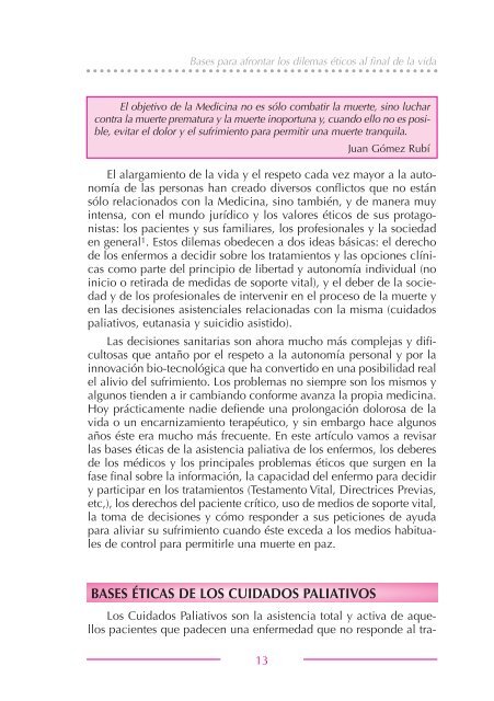 Bases para afrontar los dilemas Ã©ticos al final de la vida