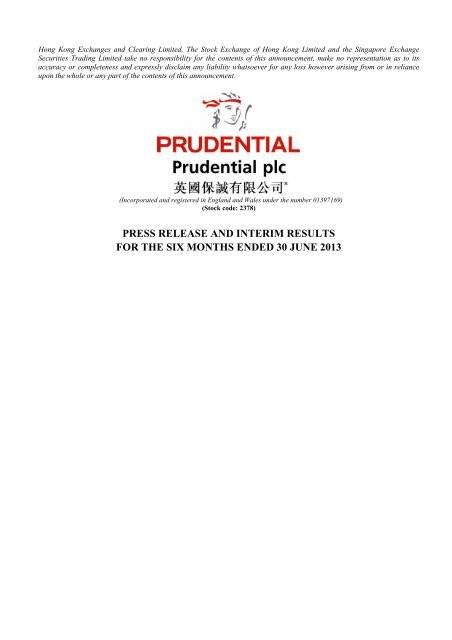 press release and interim results for the six months ... - Prudential plc