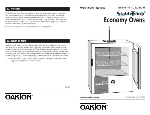 Oakton StableTemp Ovens Manual