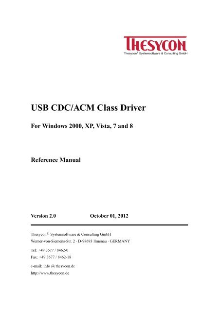 USB CDC/ACM Class Driver Reference Manual - Thesycon ...