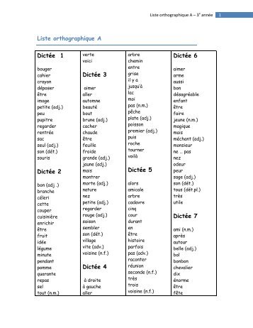 Liste orthographique A DictÃ©e 1 DictÃ©e 2 DictÃ©e 3 DictÃ©e 4 DictÃ©e 5 ...