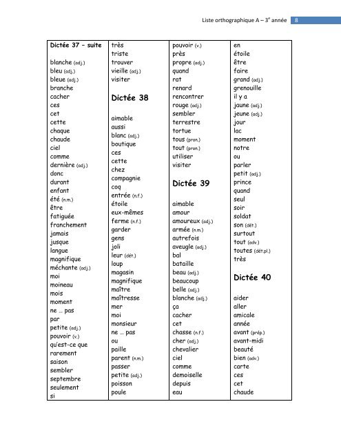 Liste orthographique A DictÃ©e 1 DictÃ©e 2 DictÃ©e 3 DictÃ©e 4 DictÃ©e 5 ...