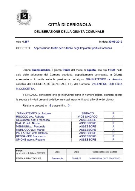 Approvazione tariffe per l'utilizzo degli Impianti ... - CittÃ  di Cerignola